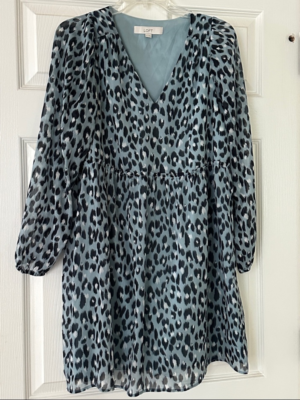 LOFT Blue and Black Leopard Print V-Neck Long Sleeve Dress